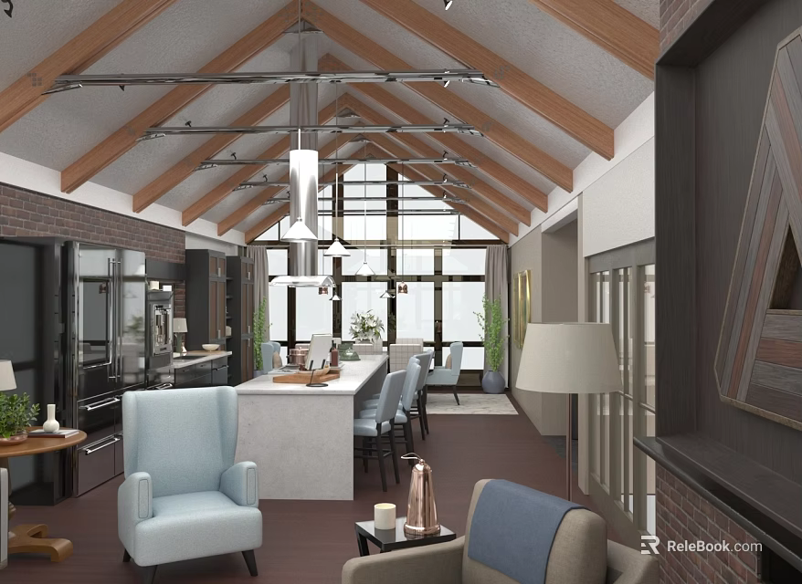 Modern Restaurant With Wooden Trussed Ceiling Large Windows Open Space Bar Counter And Comfortable Seating 3d model 