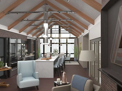 Modern Restaurant With Wooden Trussed Ceiling Large Windows Open Space Bar Counter And Comfortable Seating 3d model