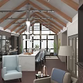 Modern Restaurant With Wooden Trussed Ceiling Large Windows Open Space Bar Counter And Comfortable Seating