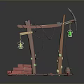 Artistic Wooden Equipment Setup With Hanging Green Lanterns Red Parts And Platform Base
