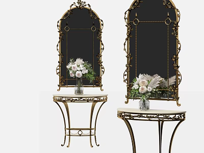 Elegant Console Table With Ornate Metal Frame Marble Top And Floral Arrangement 3d model