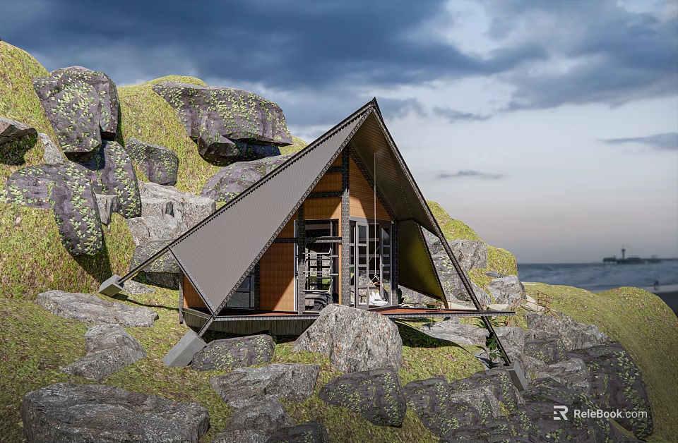 Triangular Roof Mountain Cabin On Rocky Hillside With Ocean View And Grass 3d model 