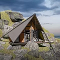 Triangular Roof Mountain Cabin On Rocky Hillside With Ocean View And Grass