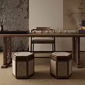 Traditional Tea Room Interior With Wooden Table Stools Stone Wall And Hanging Painting
