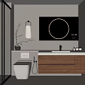 Modern Bathroom Interior Design With Glass Shower Toilet Round Mirror And Wooden Vanity