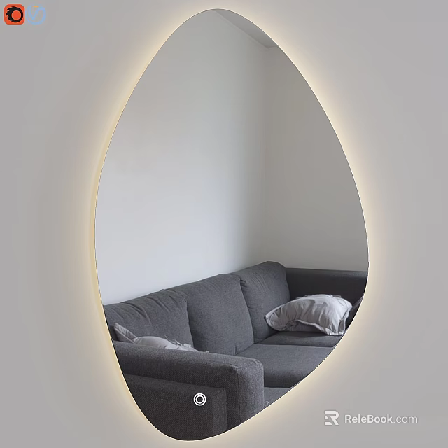 Oval Mirror with Lighted Edge Reflecting Gray Sofa and Pillows in White Wall Interior 3d model 