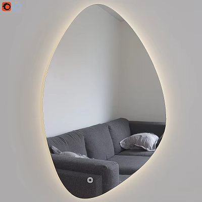 Oval Mirror with Lighted Edge Reflecting Gray Sofa and Pillows in White Wall Interior 3d model