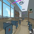 Kindergarten Bathroom Interior With Colorful Tiles White Toilets Sinks Plants And Shelves