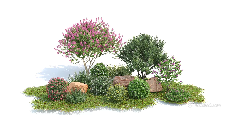 Colorful Garden Shrubs with Pink Flowers Green Foliage Rocks and Grass 3d model 