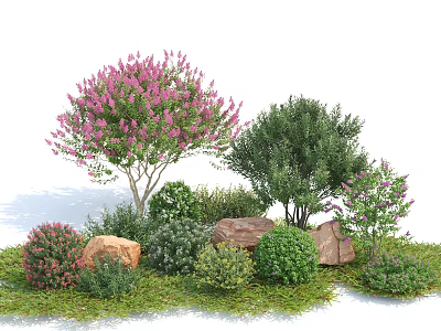 Colorful Garden Shrubs with Pink Flowers Green Foliage Rocks and Grass 3d model