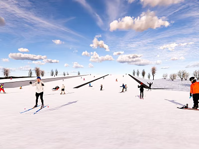 People Skiing And Snowboarding On Snowy Slope With Blue Sky Clouds And Trees 3d model