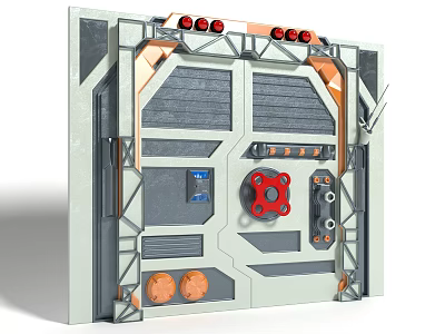 Futuristic Mechanical Door Design With Red Knob Orange Accents And Gray Panels 3d model