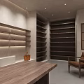 Modern Minimalist Mall Store Interior with Arched Walls Built in Shelves and Wooden Table