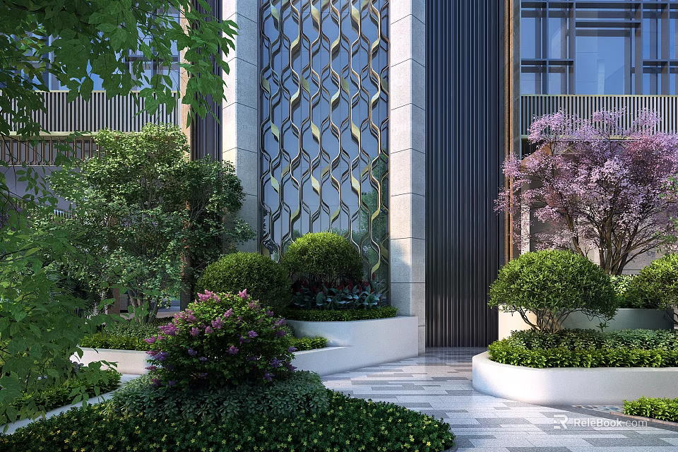 Modern Building With Decorative Lattice Wall Plant Combinations Green Shrubs Purple Flowers White Planters 3d model 