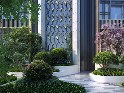 Modern Building With Decorative Lattice Wall Plant Combinations Green Shrubs Purple Flowers White Planters 3d model