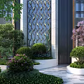 Modern Building With Decorative Lattice Wall Plant Combinations Green Shrubs Purple Flowers White Planters