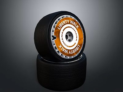 Black Stacked Car Tires Featuring Liberty Walk Brand Logo Design 3d model