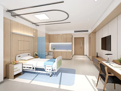 Modern Hospital Room Interior With Wooden Cabinets Bed TV And Desk 3d model
