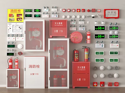 Fire Fighting Equipment Collection With Fire Hydrants Extinguishers Alarm Buttons Control Panels And Emergency Lights 3d model