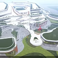Modern Commercial Complex With Green Roofs Curved Structures Landscaped Areas And Red Sculpture