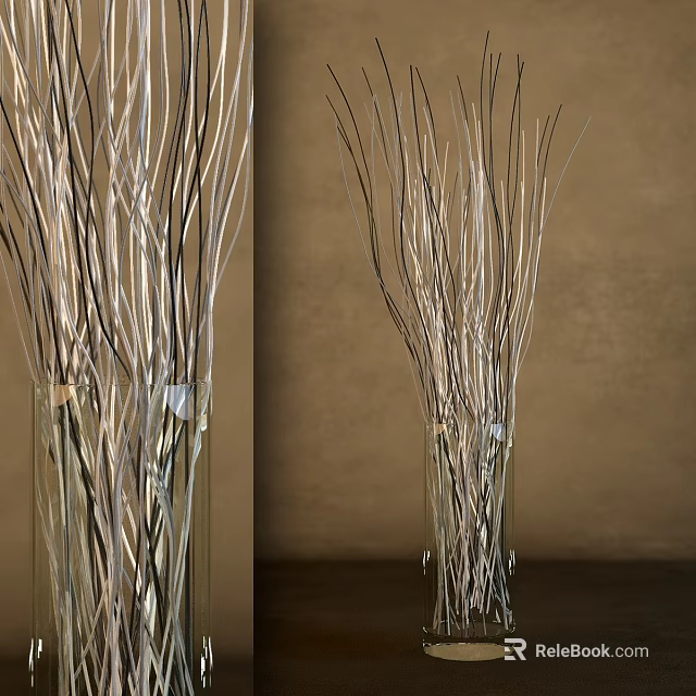Elegant Clear Glass Vase with Shiny Dried Branches on Brown Wall Background 3d model 