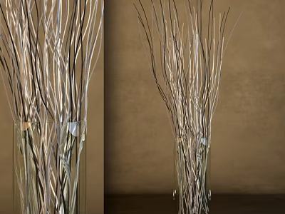 Elegant Clear Glass Vase with Shiny Dried Branches on Brown Wall Background 3d model