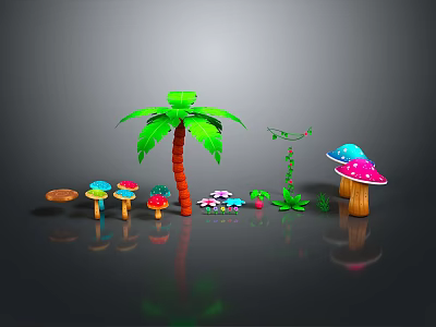 Lush Green Palm Tree With Colorful Mushrooms And Vine Plants Scene 3d model