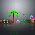 Lush Green Palm Tree With Colorful Mushrooms And Vine Plants Scene