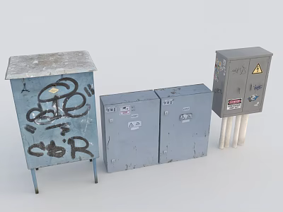 Industrial Electrical Equipment Including Graffiti Metal Box Gray Cabinets And Warning Sign Enclosure 3d model