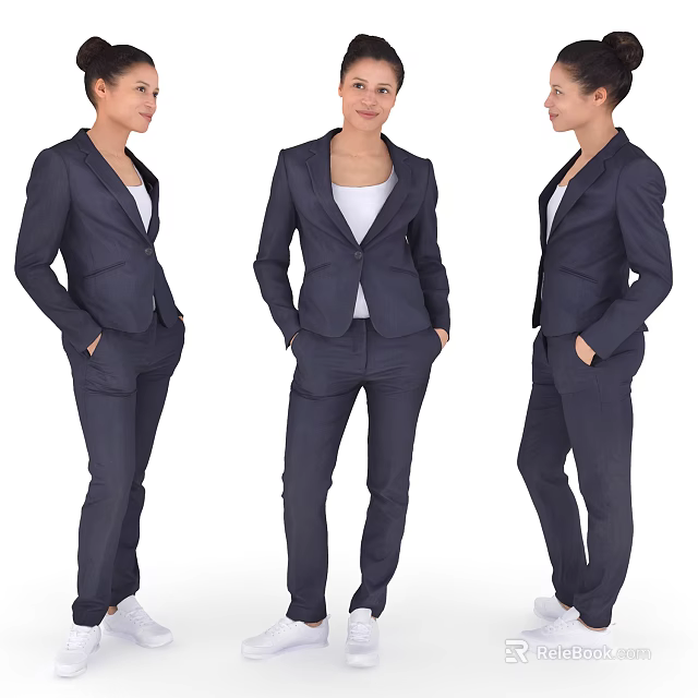 Three women in dark blue suit sets with different poses on white background 3d model