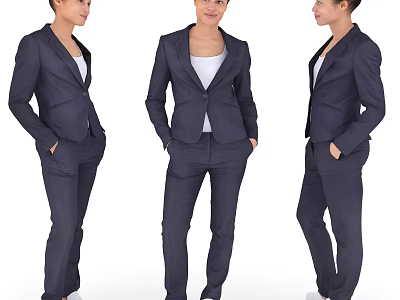 Three women in dark blue suit sets with different poses on white background 3d model