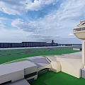 Airport Terminal Building Design With Large Glass Facade Road Layout And Airplane Model
