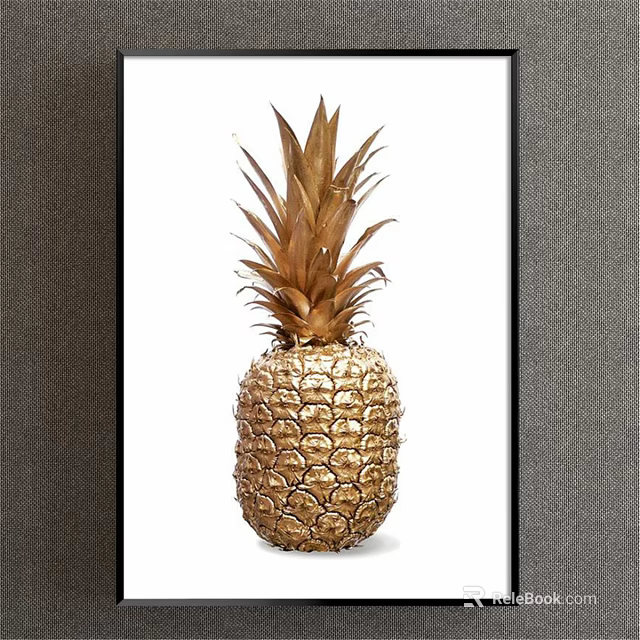 Elegant Golden Pineapple Botanical Painting Framed Wall Art for Home Decor 3d model 