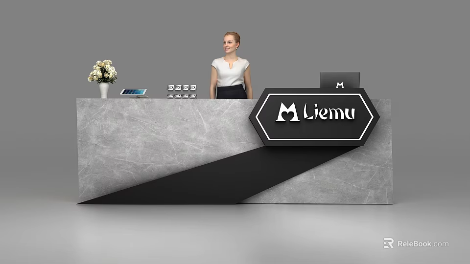 Modern Marble Reception Desk With Black Accent Logo Receptionist And Flower Vase 3d model 