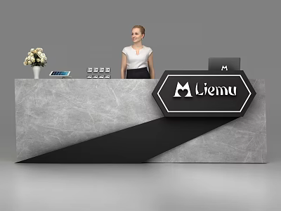 Modern Marble Reception Desk With Black Accent Logo Receptionist And Flower Vase 3d model