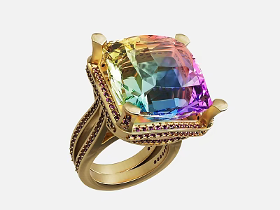 Gold Ring Jewelry With Square Colorful Gemstone And Intricate Setting Design 3d model