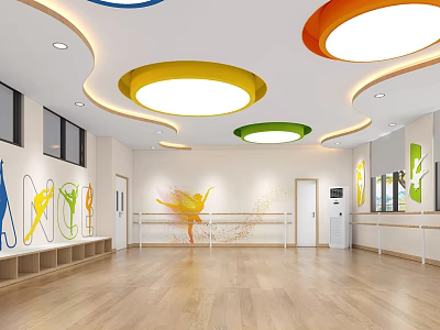 Spacious Fitness Dance Studio Wooden Floor Colorful Dance Murals Round Ceiling Lights White Ballet Barres 3d model
