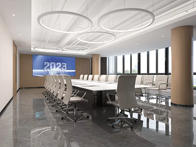 Modern Conference Room Interior With Large Table Ergonomic Chairs And Circular Hanging Lighting 3d model