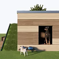 Garden Wooden Structure With Green Roof Stone Small Tree Flower Pots And White Dog