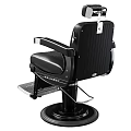 Comfortable Classic Black Barber Chair With Striped Leather And Metal Armrests