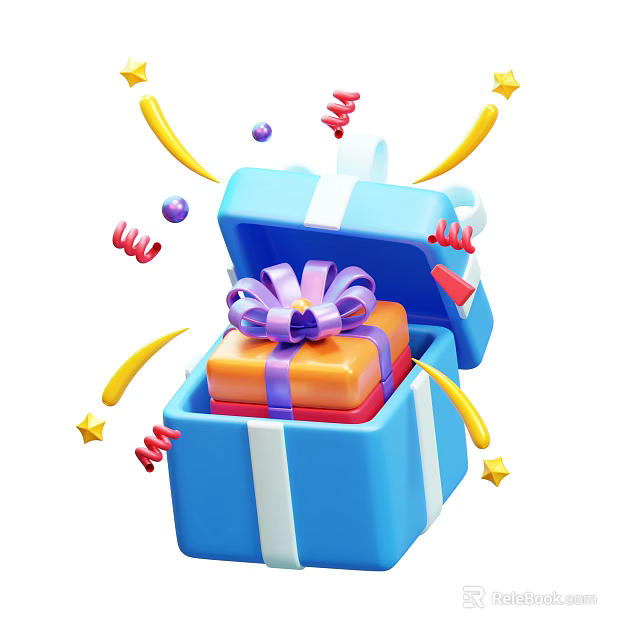 Open Blue Gift Box With Orange Present Purple Bow And Decorative Streamers Stars 3d model 