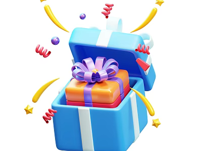 Open Blue Gift Box With Orange Present Purple Bow And Decorative Streamers Stars 3d model