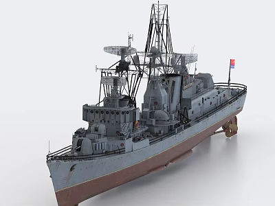 Detailed Warship Model With Gray Hull Reddish Brown Bottom Mast Antennas And Radar 3d model