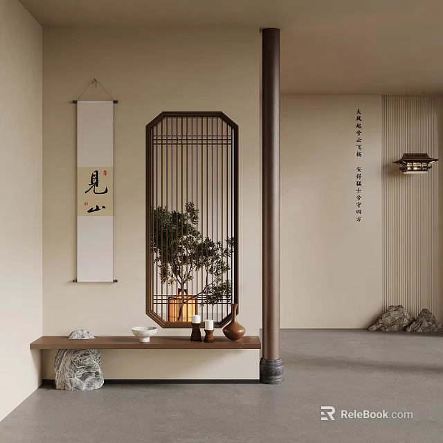 Traditional Chinese Entryway Hallway With Wooden Screen Green Plant And Scroll Painting 3d model 