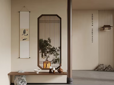 Traditional Chinese Entryway Hallway With Wooden Screen Green Plant And Scroll Painting 3d model