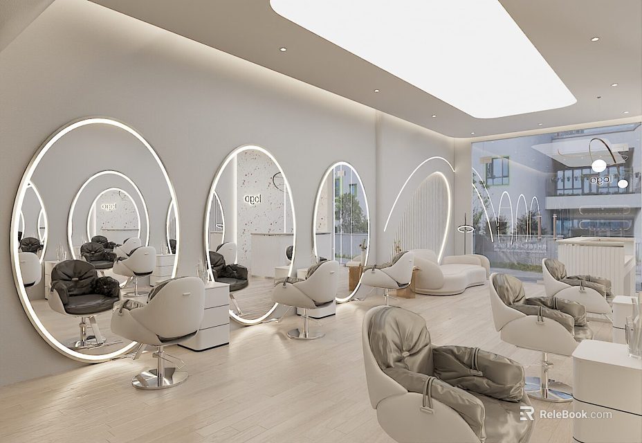 Modern Hair Salon Interior With Backlit Round Mirrors And Comfortable White Gray Chairs 3d model 
