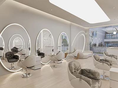 Modern Hair Salon Interior With Backlit Round Mirrors And Comfortable White Gray Chairs 3d model