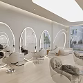 Modern Hair Salon Interior With Backlit Round Mirrors And Comfortable White Gray Chairs