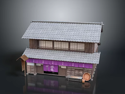Traditional Japanese Two Story Wooden Building Model With Gray Tiled Roof And Purple Curtain 3d model