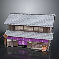 Traditional Japanese Two Story Wooden Building Model With Gray Tiled Roof And Purple Curtain